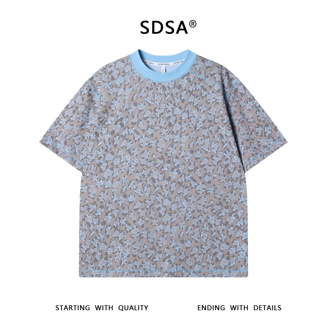 夏季高级感新款美式抽象撞色割破圆领短袖T恤百搭潮流套头上衣