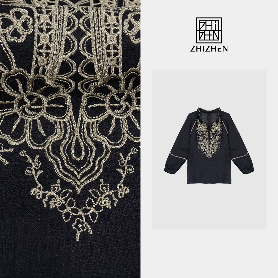 夏上新重工提花刺绣镂空拼接设计苎麻上衣【落春花期】