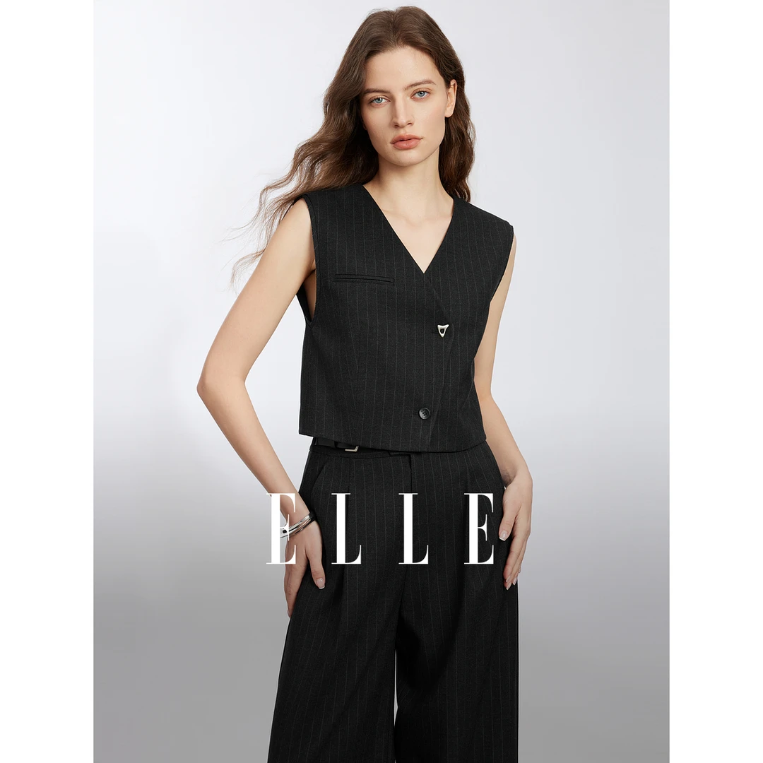 ELLE摩登风斜纹复古V领无袖马甲女2025春新款设计感休闲EB50395