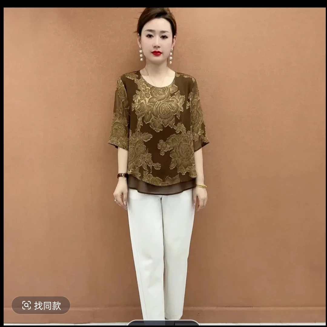 薄款时尚宽松纯色花中老年女装中年长袖妈妈装中袖