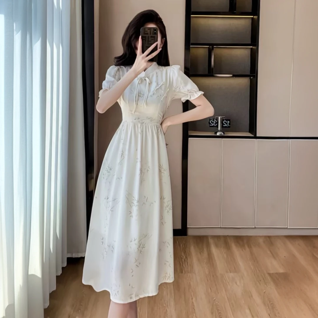 2025夏季新款新中式国风雪纺碎花旗袍漂亮气质盘口中长款连衣裙