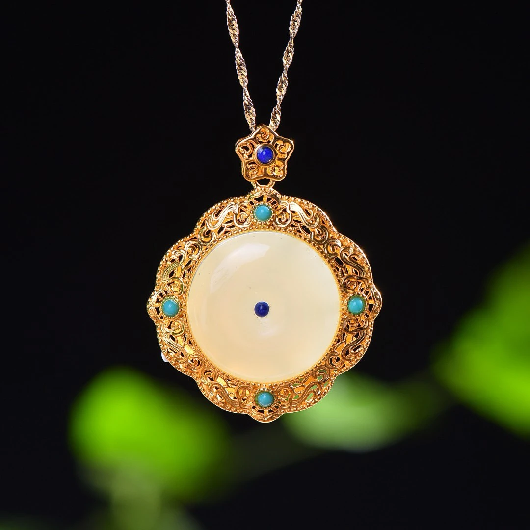 S925银镶嵌天然和田玉平安扣吊坠0200不含链