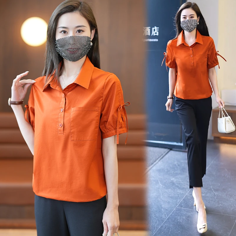 全棉新款女韩系洋气短袖上衣设计感翻领套头宽松显瘦休闲百搭衬衫