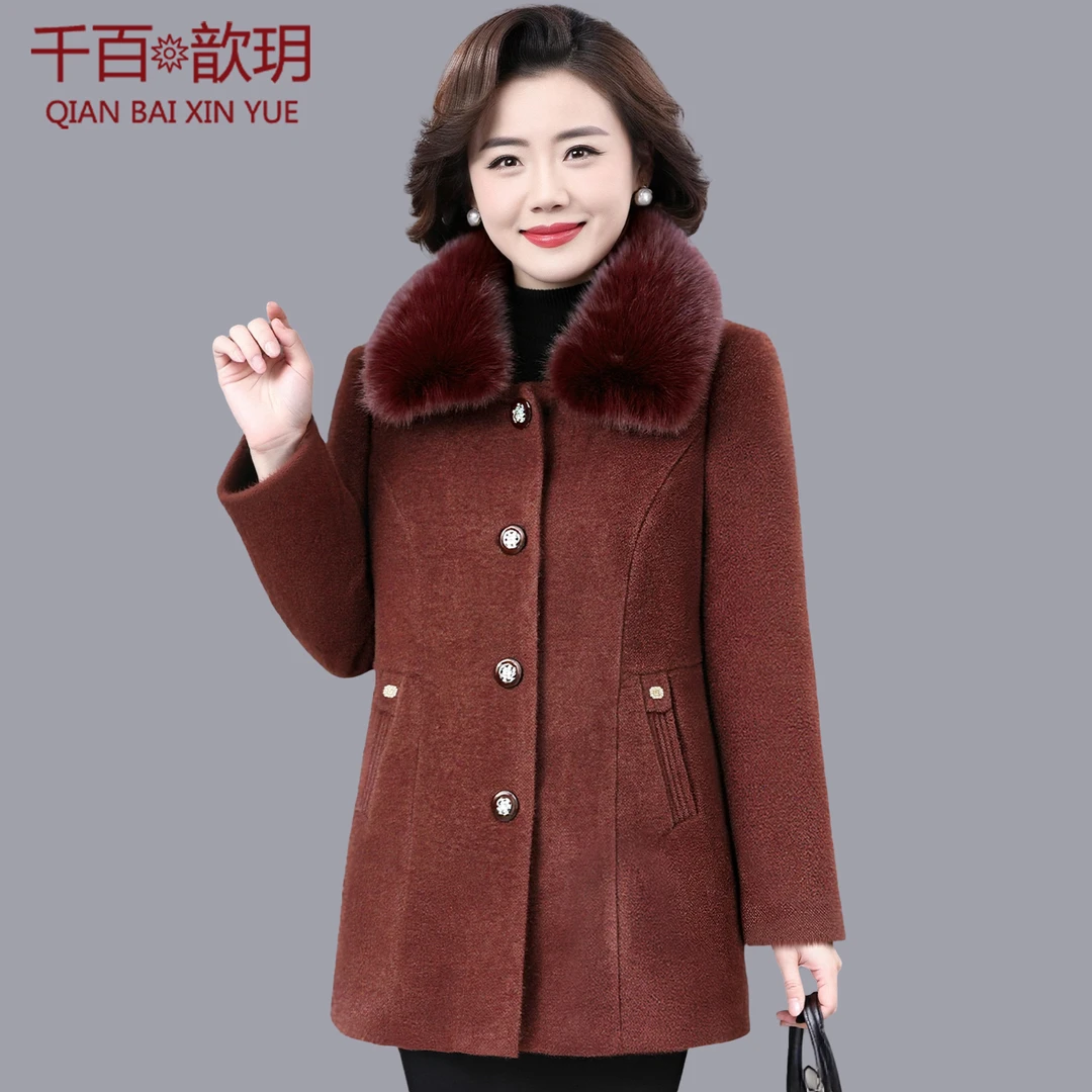 品牌妈妈冬装毛呢外套洋气中长款红色呢子大衣中老年女士貂绒上衣