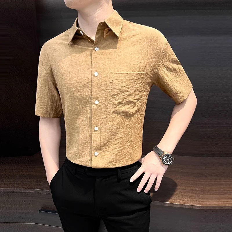 亚麻男士短袖衬衫新款夏季半袖薄款痞帅休闲褶皱五分袖衬衣男款
