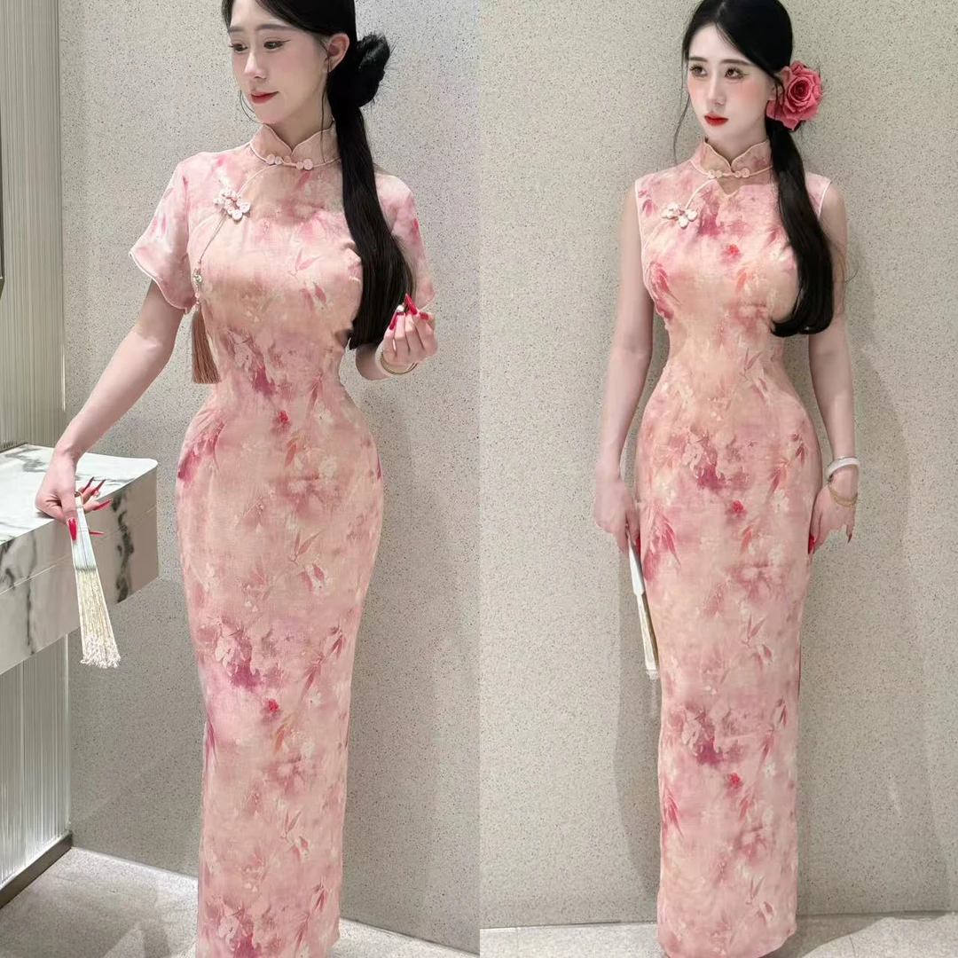 画报夫人原创自制高级温柔复古江南风改良旗袍裙 桃花玉粉