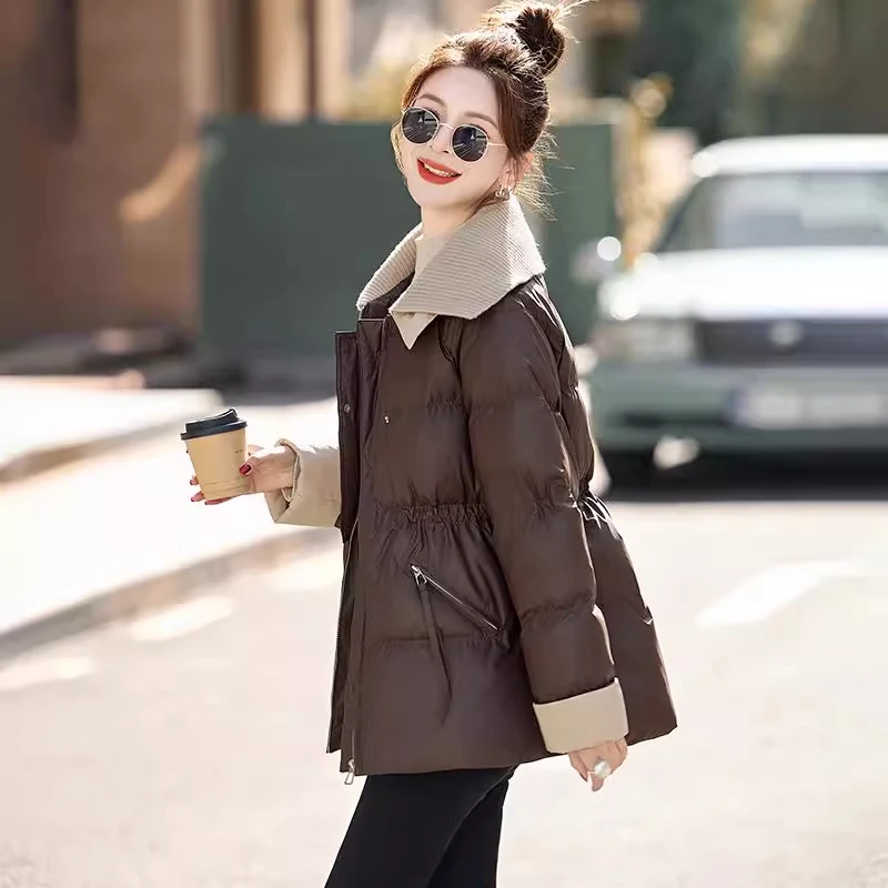 时尚PU皮羽绒棉服女中长款冬季洋气收腰加厚针织拼接免洗外套显瘦