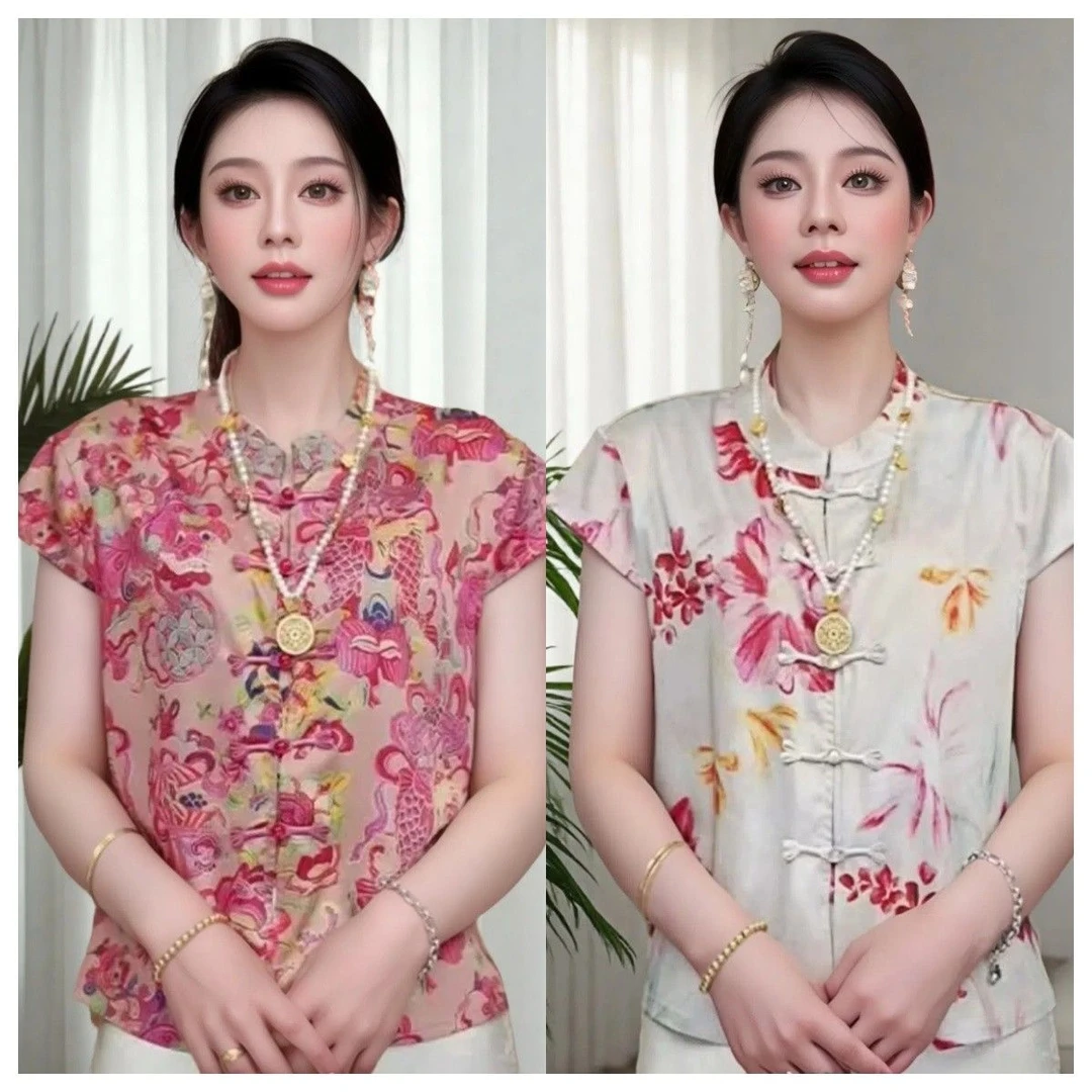 新中式中国风夏季衬衫2025新款印花盘扣气质衬衫上衣无袖短袖衬衣