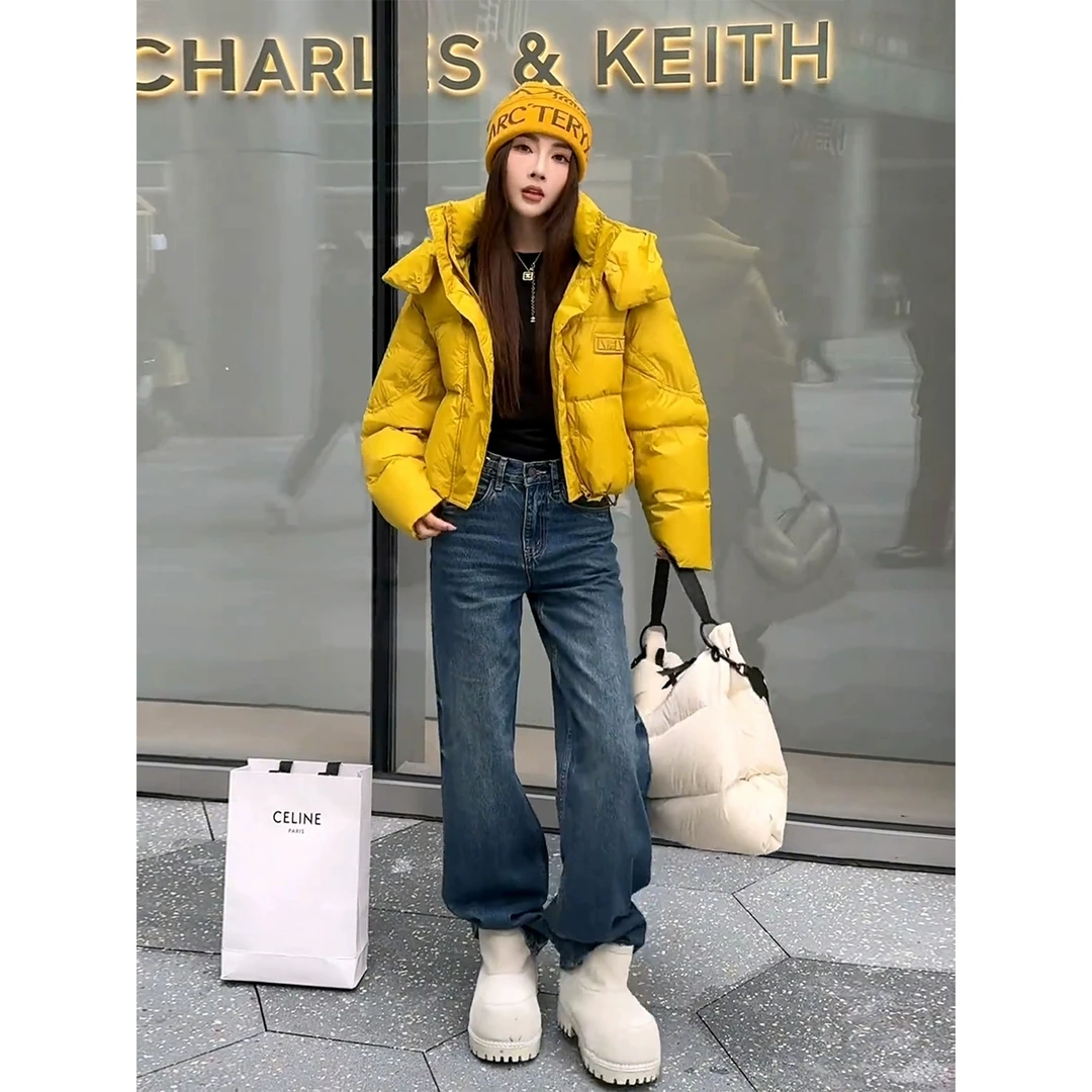 欧货加厚保暖连帽黄色棉服女2025冬新款高级感时尚宽松短款面包服