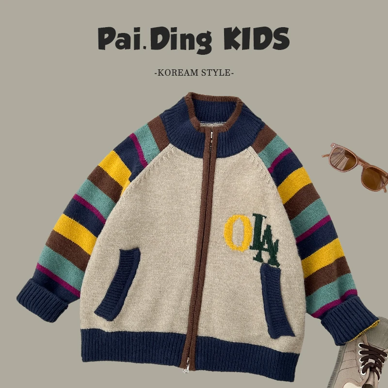 秋冬装儿童韩版童趣撞色条纹拼接软糯毛衣拉链开衫SJ4837-QK1