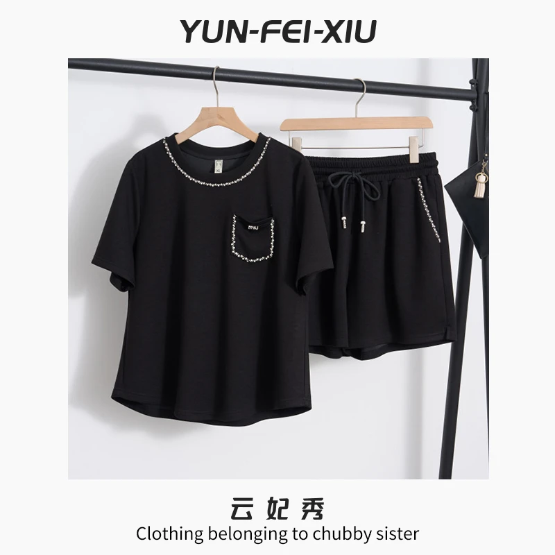 云妃秀大码女装套装时尚休闲圆领T恤休闲短裤两件套夏季21002AB