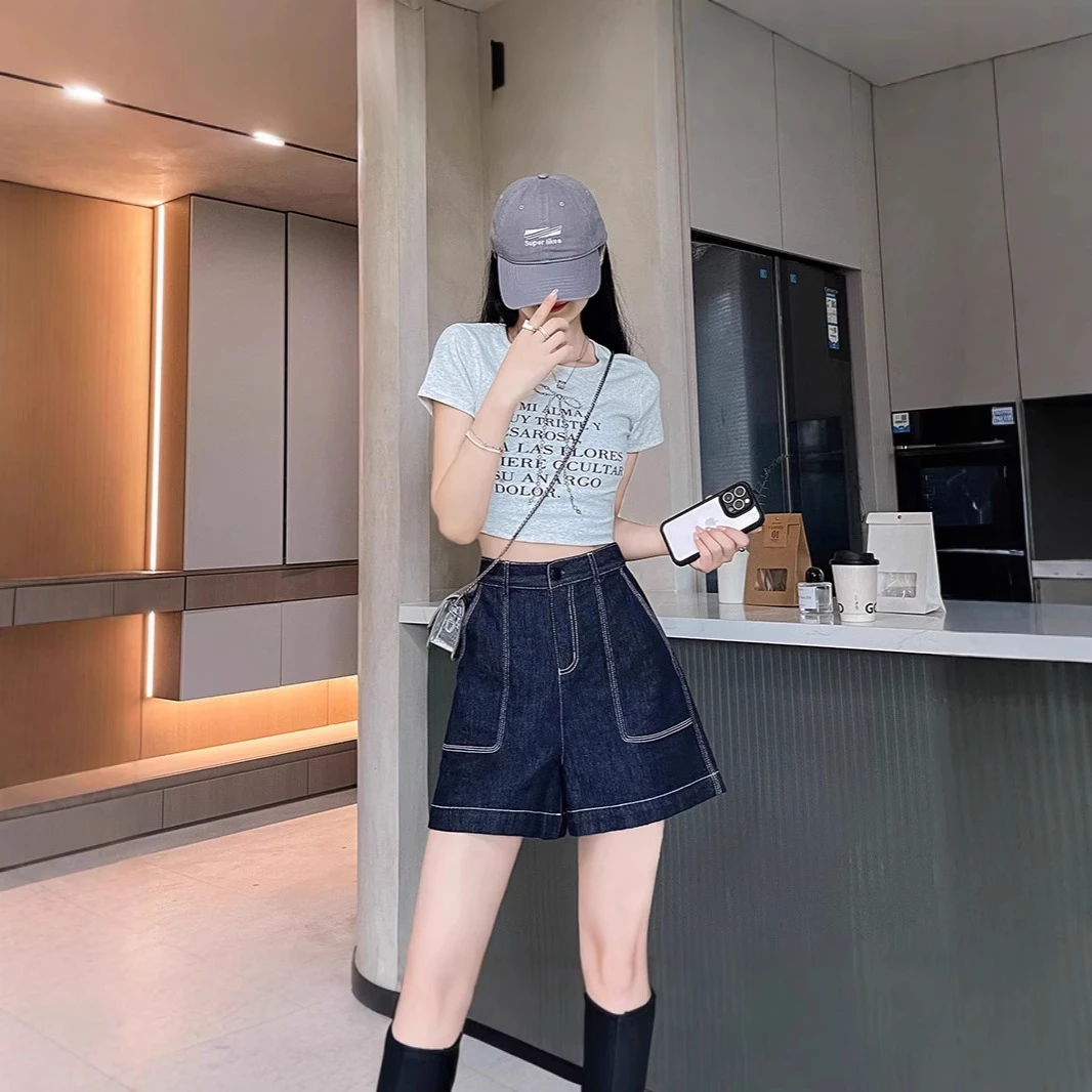 2306藏蓝色牛仔短裤女夏季薄款2025年新款高腰外穿阔腿宽松五分裤