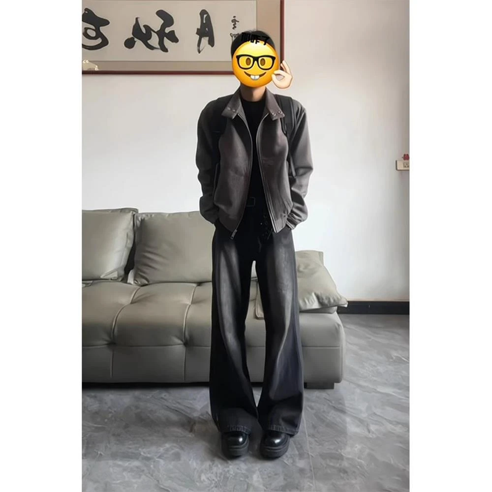 Freezx黑灰色微喇牛仔裤男款修身显瘦裤子美式高街vibe直筒弯刀裤