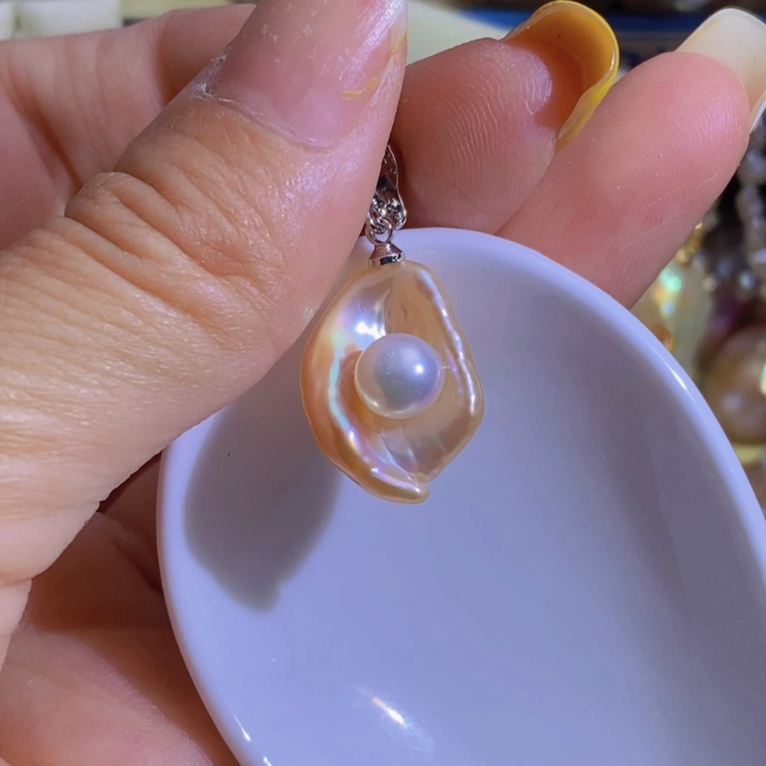 银S925镶嵌淡水珍珠天然珍珠无染色，无优化