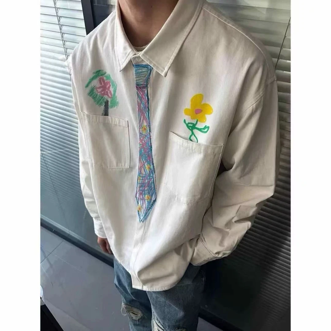 是个馒头创意设计感蜡笔手绘领带衬衫趣味学院风涂鸦衬衣春