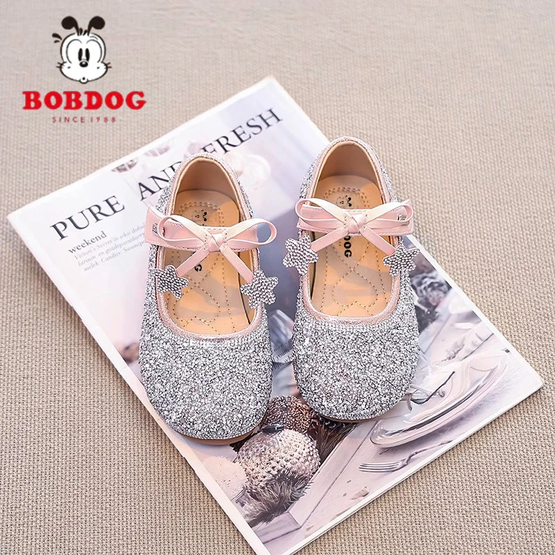 巴布豆女童公主鞋2025春夏季新款儿童鞋水晶鞋女孩小皮鞋宝宝单鞋