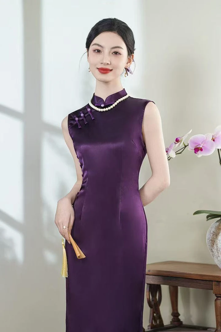 【华夫人】紫色东来 丝麻新款 气质时尚修身中国风显瘦旗袍