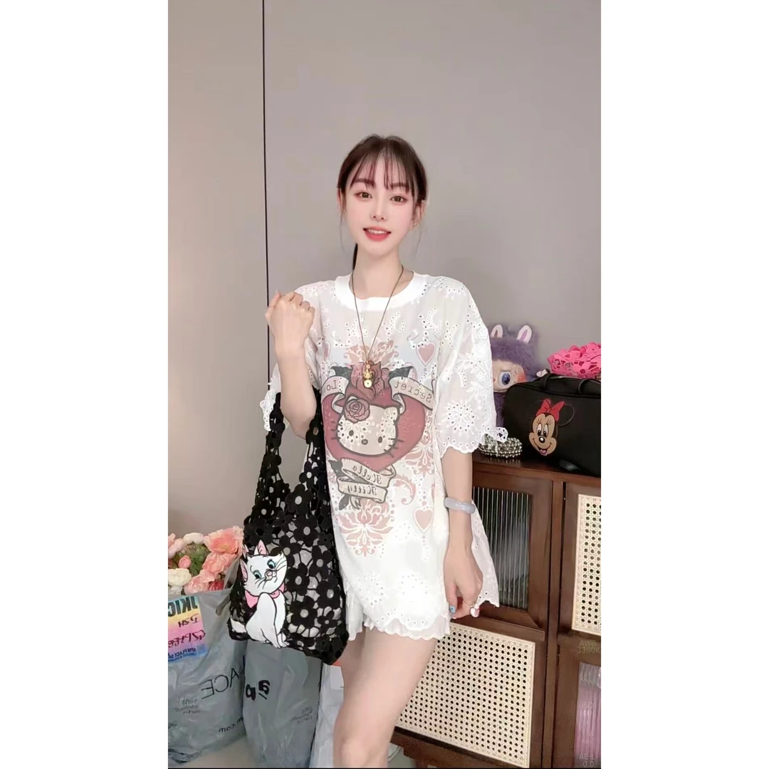 蕾丝镂空透气印花宽松型短袖衬衫