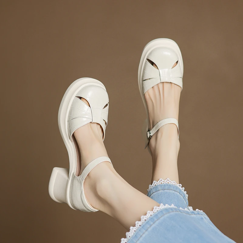 牛皮/7.5cm/爆款时尚百搭粗跟厚底增高跟夏季真皮包头凉鞋单鞋