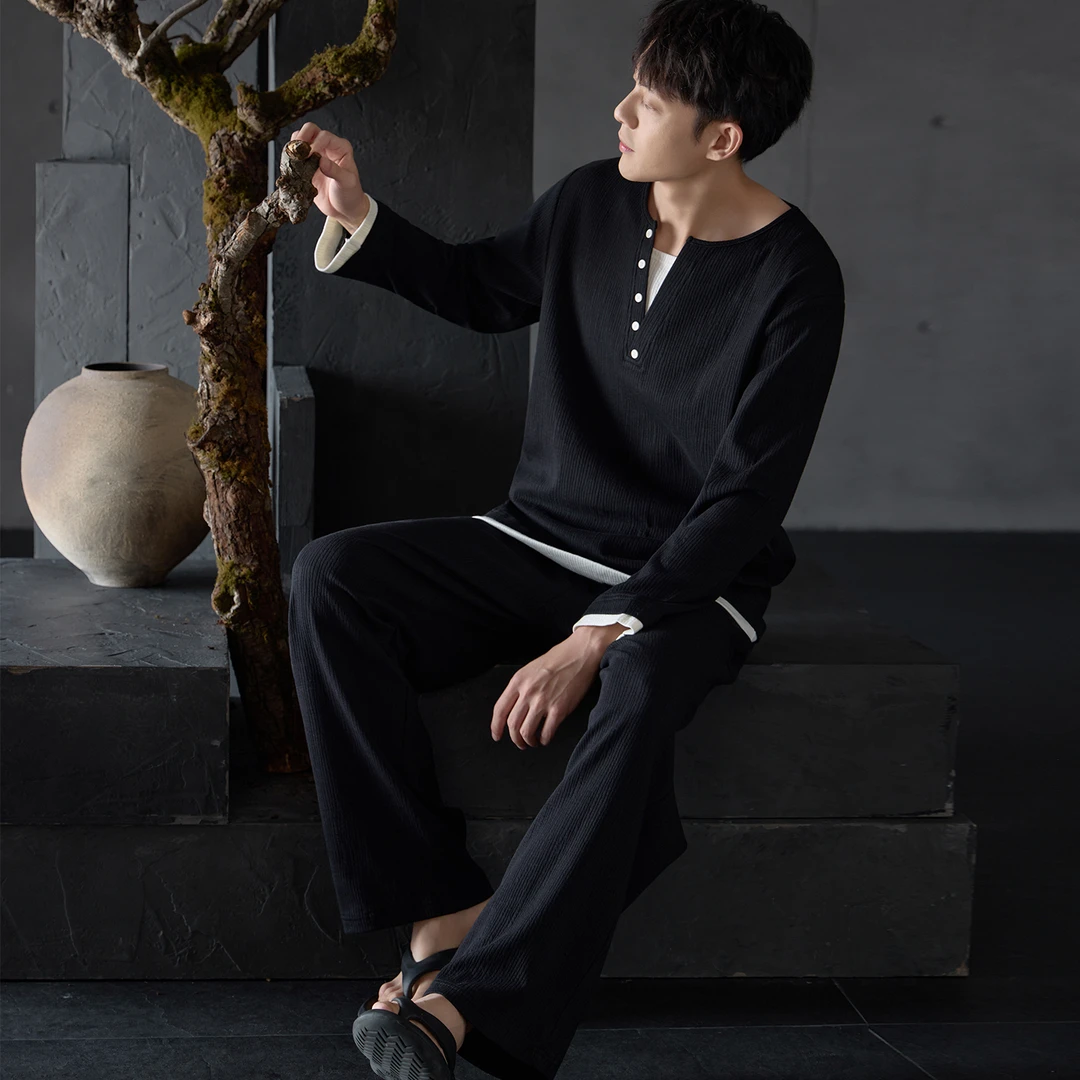 秋季新款棉拉架睡衣男套头长袖长裤套装男士休闲舒适可外穿家居服