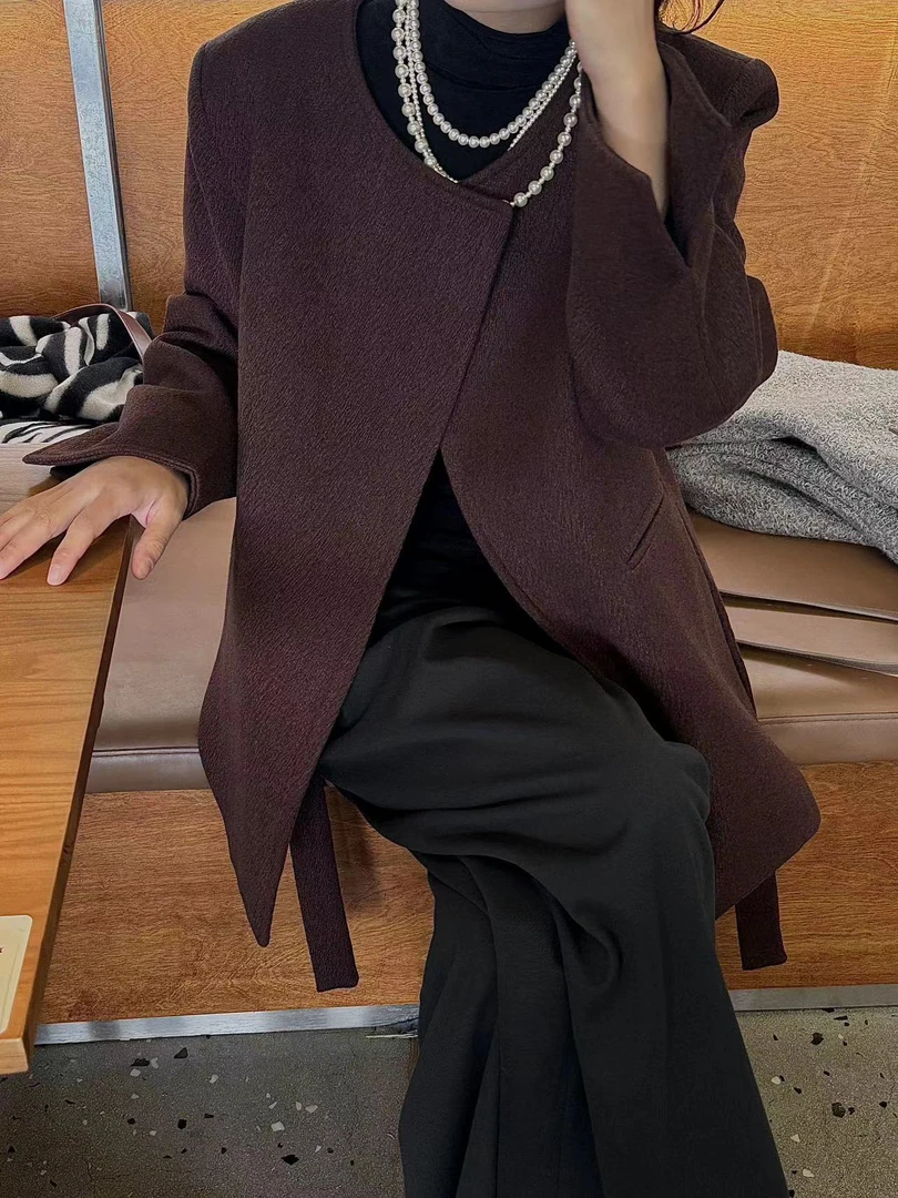 蕾蕾家定制877款秋季韩版带腰带毛呢外套