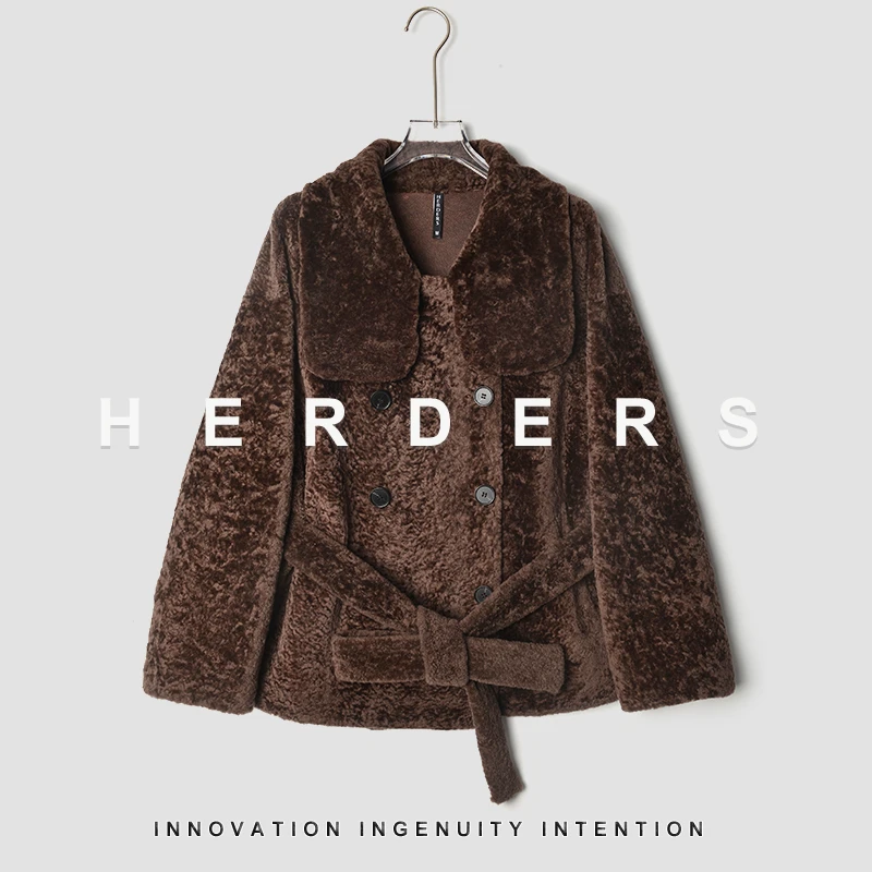 HERDERS 咖啡色短款翻领系带皮草外套 40506