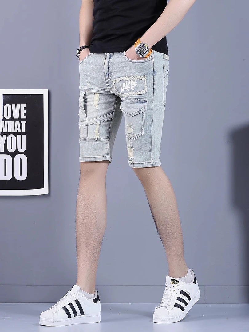 路约威格夏季薄款复古破洞牛仔短裤男士潮牌修身直筒休闲牛仔短裤