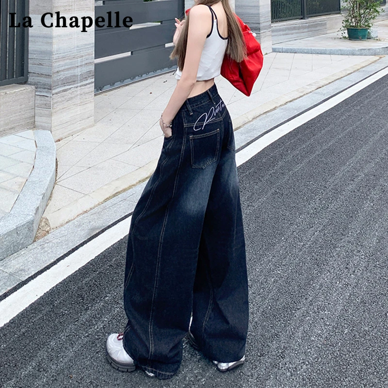 拉夏贝尔美式复古刺绣弯刀牛仔裤女新款高腰直筒宽松阔腿拖地裤潮