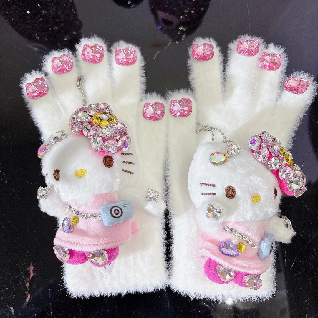 带钻可爱五指手套毛绒冬季保暖KT手套