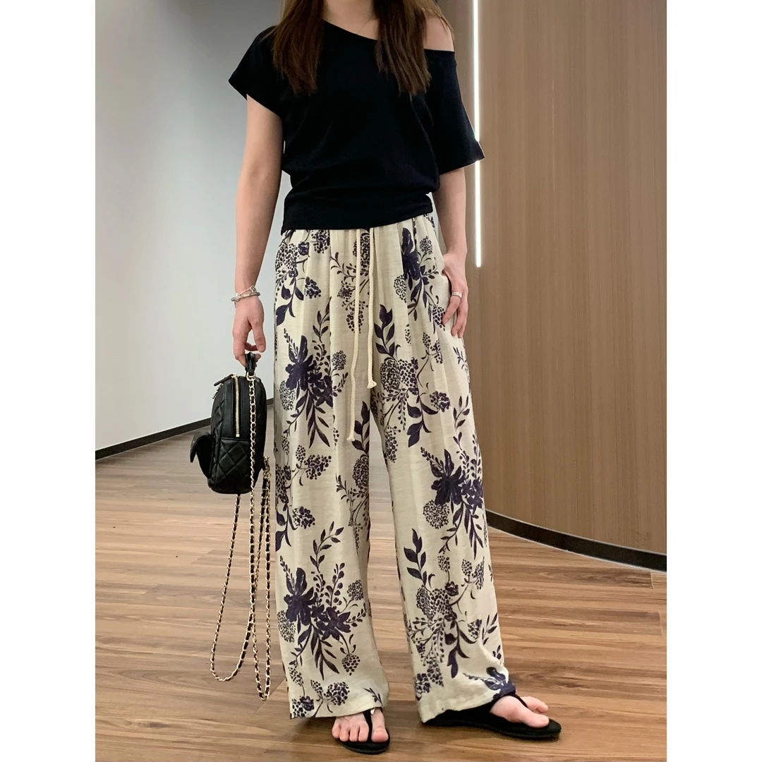 YO定制夏季休闲百搭亚麻碎花阔腿裤气质复古显瘦松紧腰阔腿裤长裤