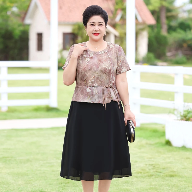 菲姐大码妈妈中老年女装新中式连衣裙高档假两件国风裙子加肥加大
