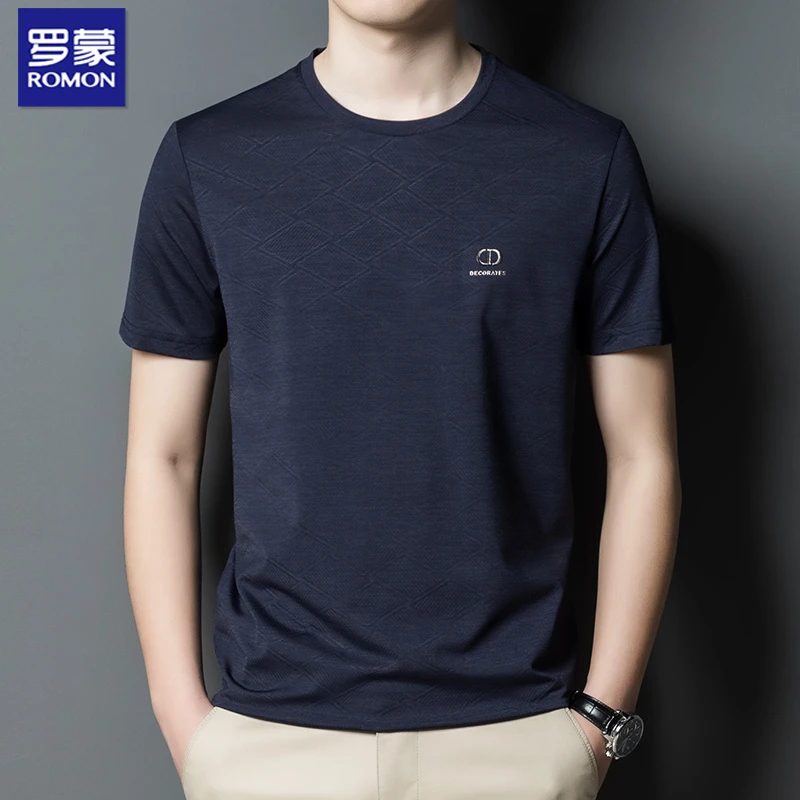 罗蒙夏季冰丝短袖t恤男士宽松圆领半袖体恤中年爸爸装汗衫上衣服