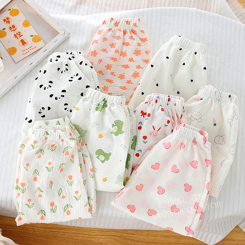 儿童夏款轻薄防蚊裤男女童卡通印花束脚裤宝宝森系九分裤子童装