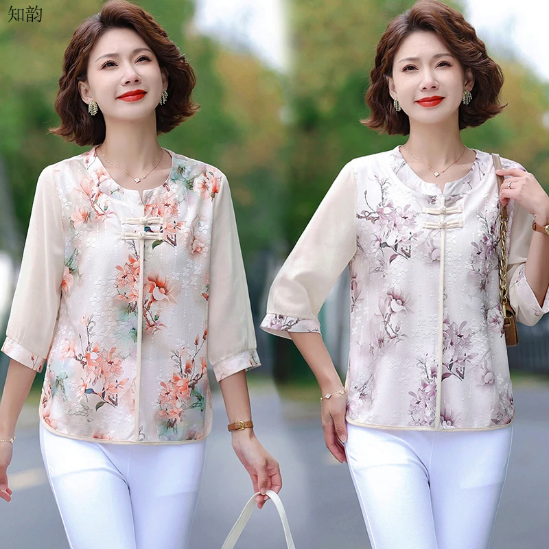 妈妈夏装新款七分袖雪纺上衣洋气小衫中老年女休闲显瘦恤薄时尚