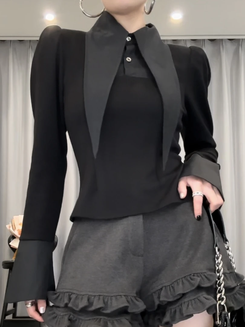 D1637法式小资领带衬衫女秋冬高级感黑色长袖巨好看的早春上衣