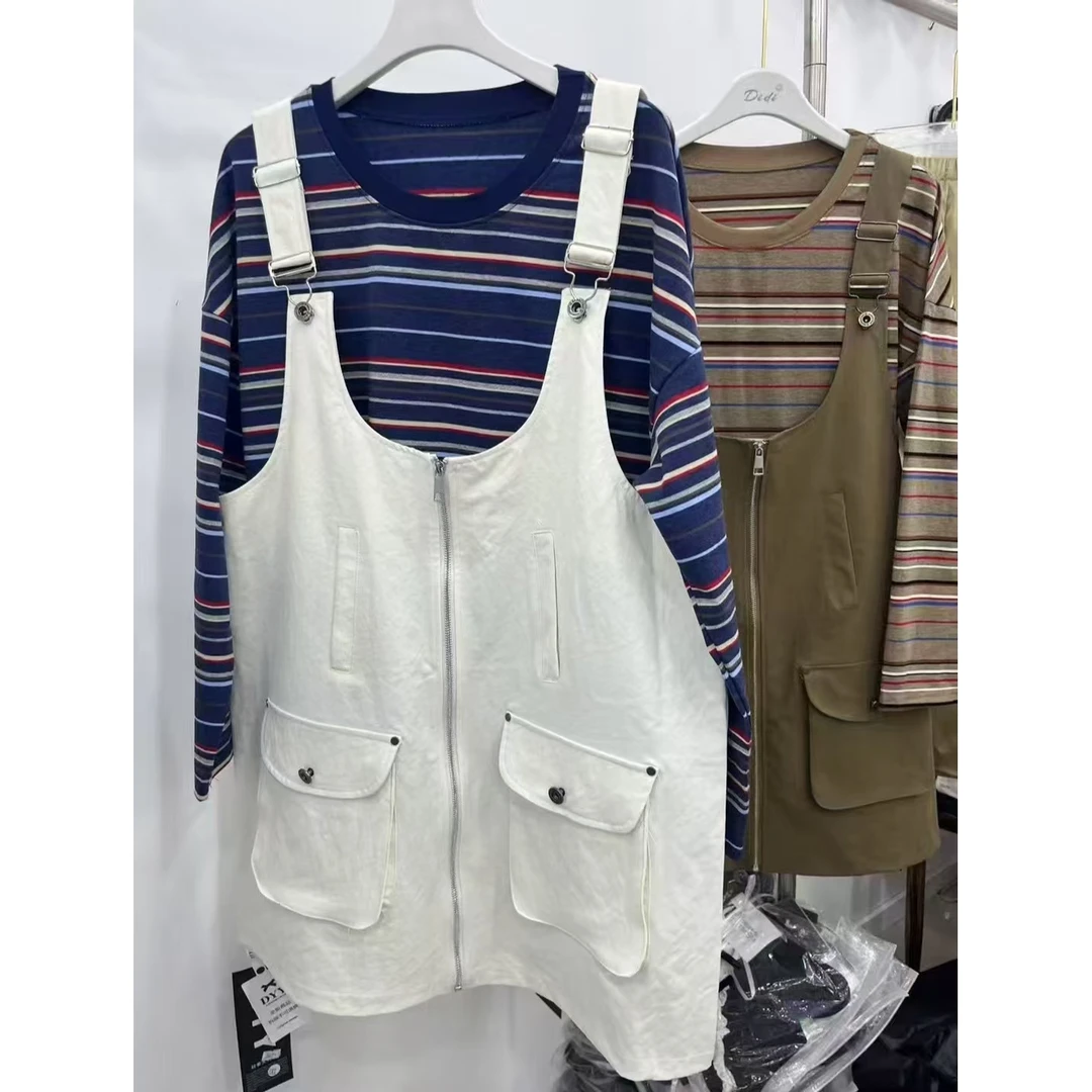 姜小牙【格纹腔调】秋季大码圆领条纹长袖上衣5023-1