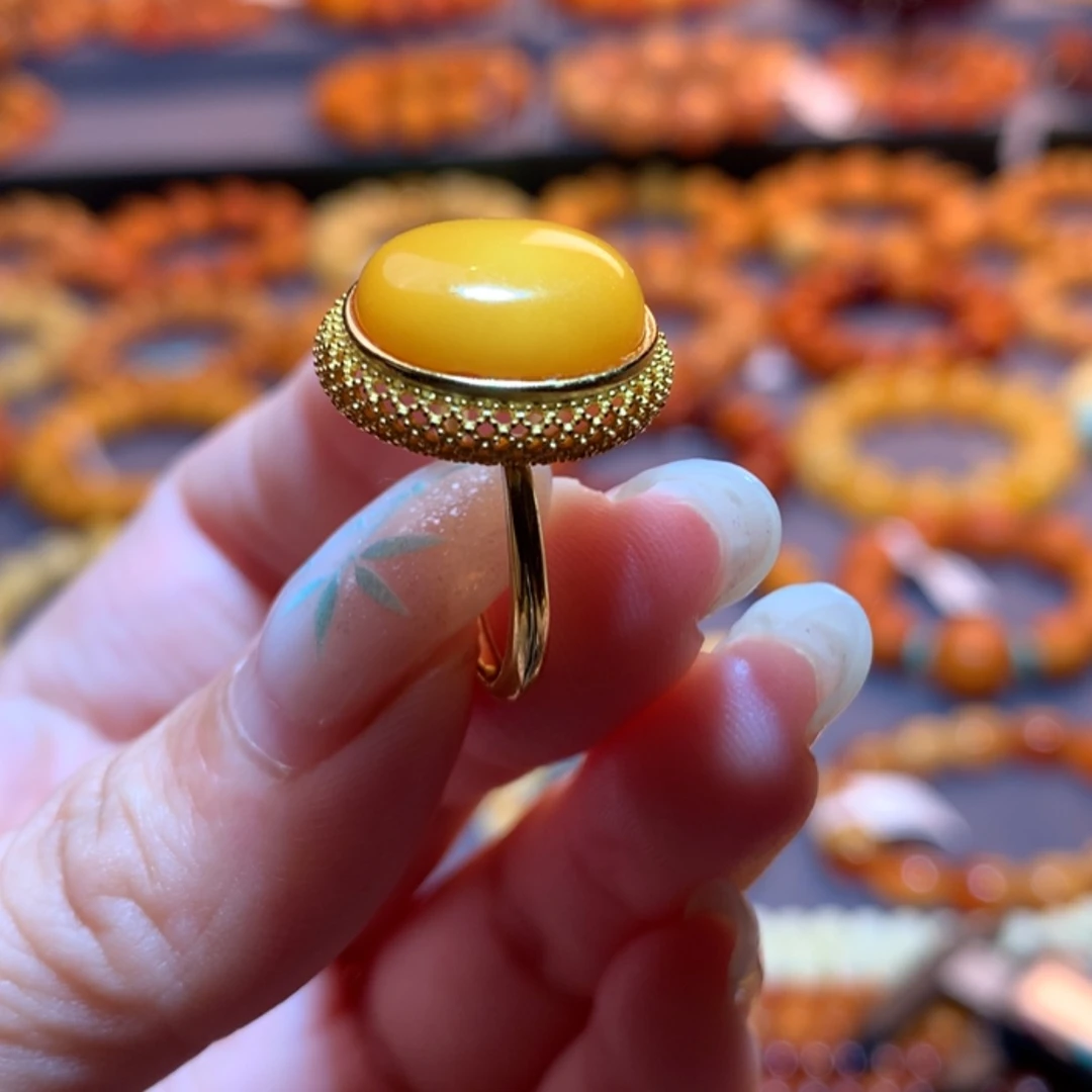 【闪购商品】银S925镀金镶嵌蜜蜡戒指蜜蜡戒指