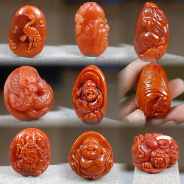 一物一图南红玛瑙雕刻吊坠挂件金蟾黑头弥勒蛇兔子莲花凉山柿子红
