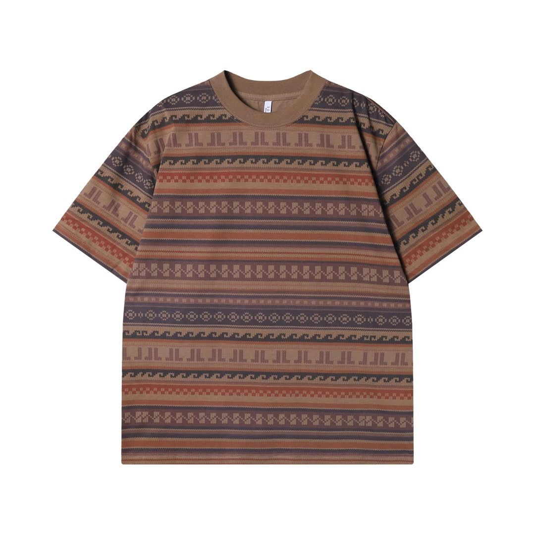 夏季高级感新款美式撞色趣味条纹短袖T恤小众休闲圆领宽松上衣