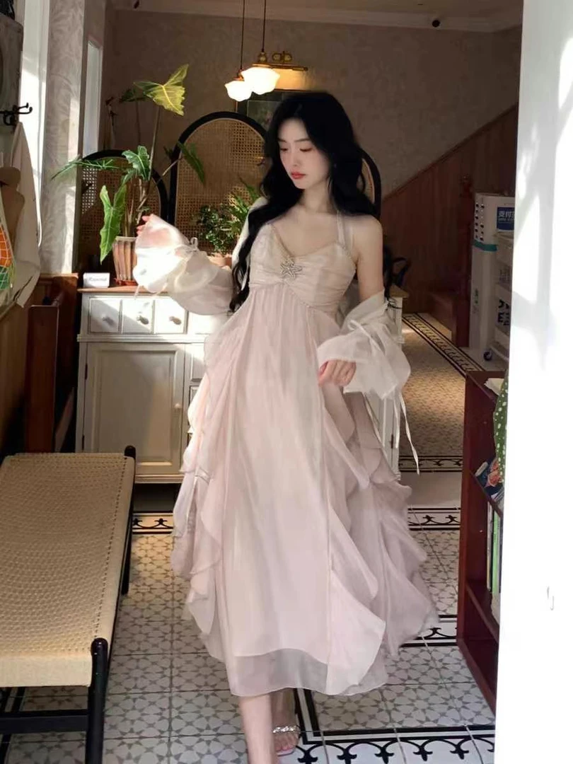 画艺洛菲 仙气光泽感高腰荷叶边吊带长裙夏新款气质夏季法式纯欲