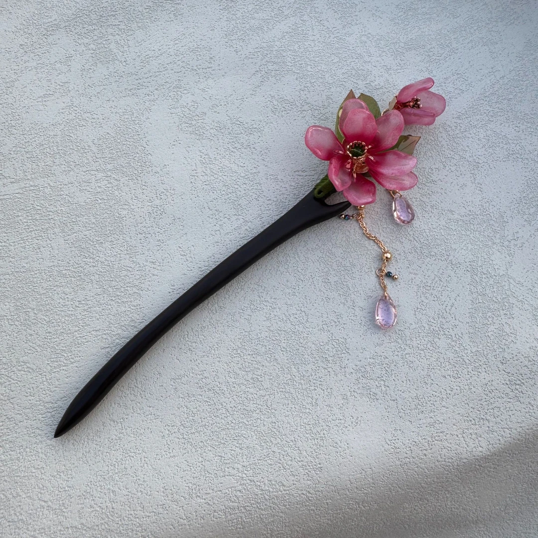 18厘米原创新中式发簪古风汉服旗袍黑檀木盘发簪子琉璃粉花气质女