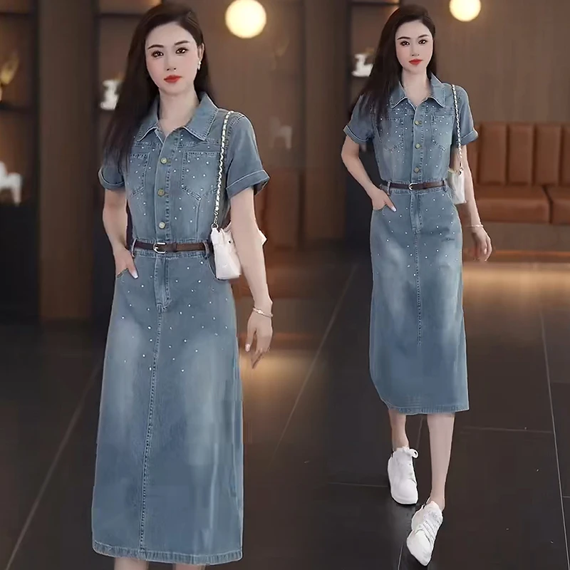 冰丝牛仔连衣裙女2025夏季新款洋气质显瘦收腰中长款休闲减龄裙子