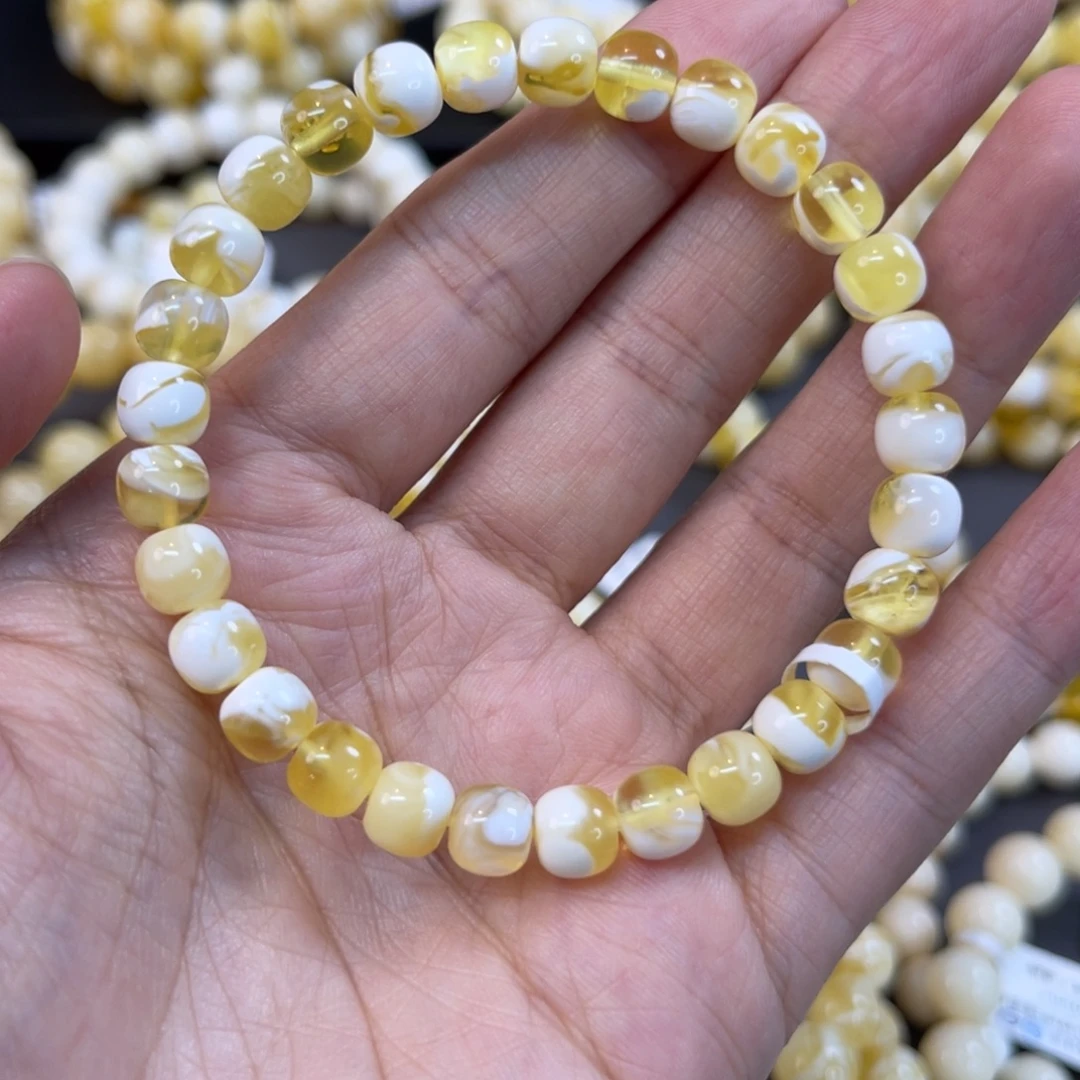 手串蜜蜡未镶嵌7x6.5mm金漆白溶洞