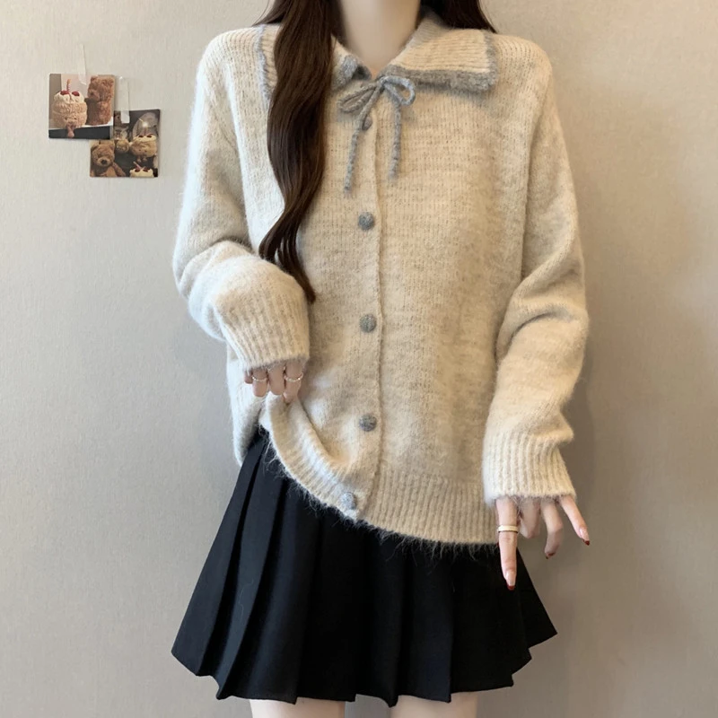 大码女装温柔风翻领毛衣开衫女胖MM遮肚子系带蝴蝶结洋气针织外套