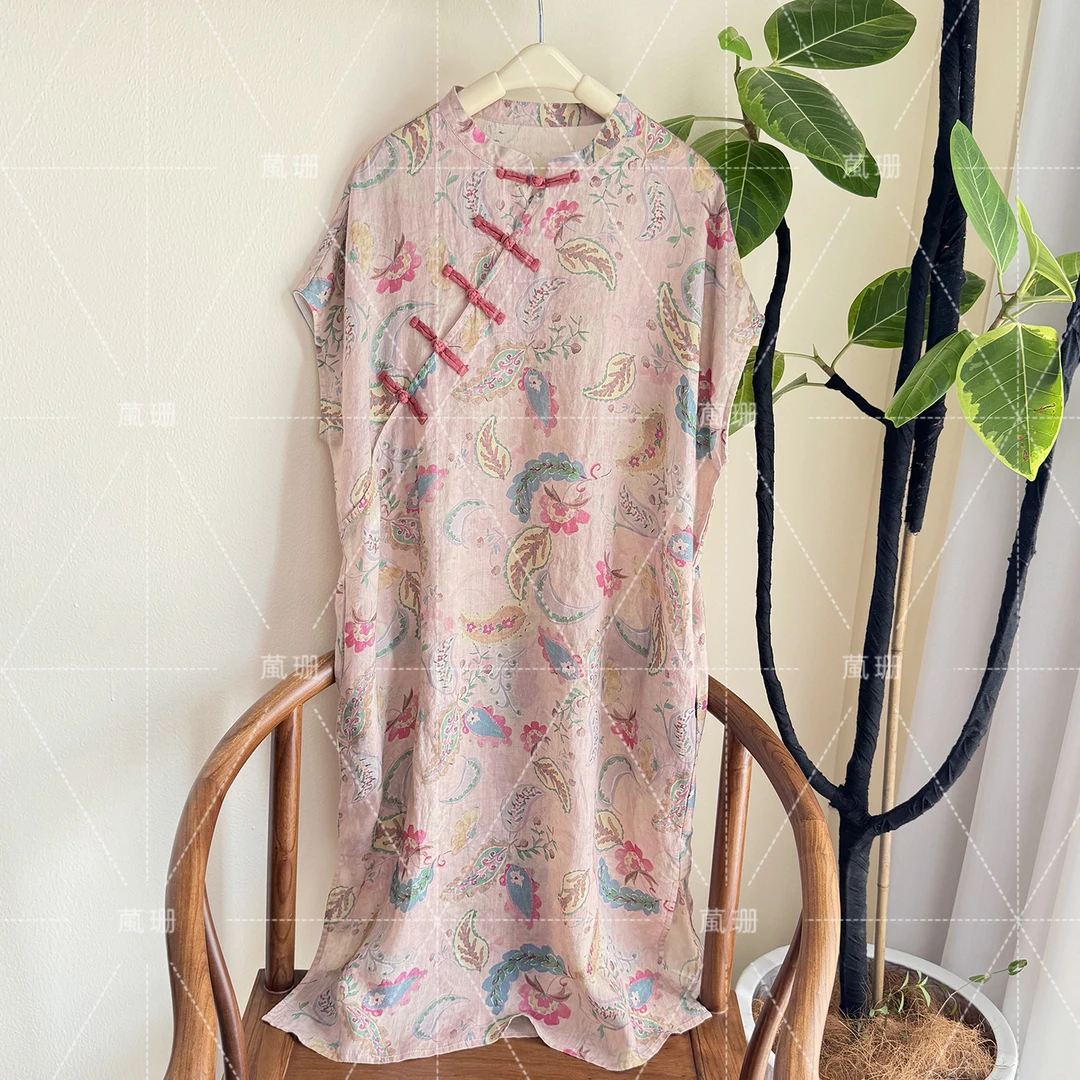 【植物园】夏季彩绘苎麻国风斜襟盘扣气质减龄连衣裙长裙52415