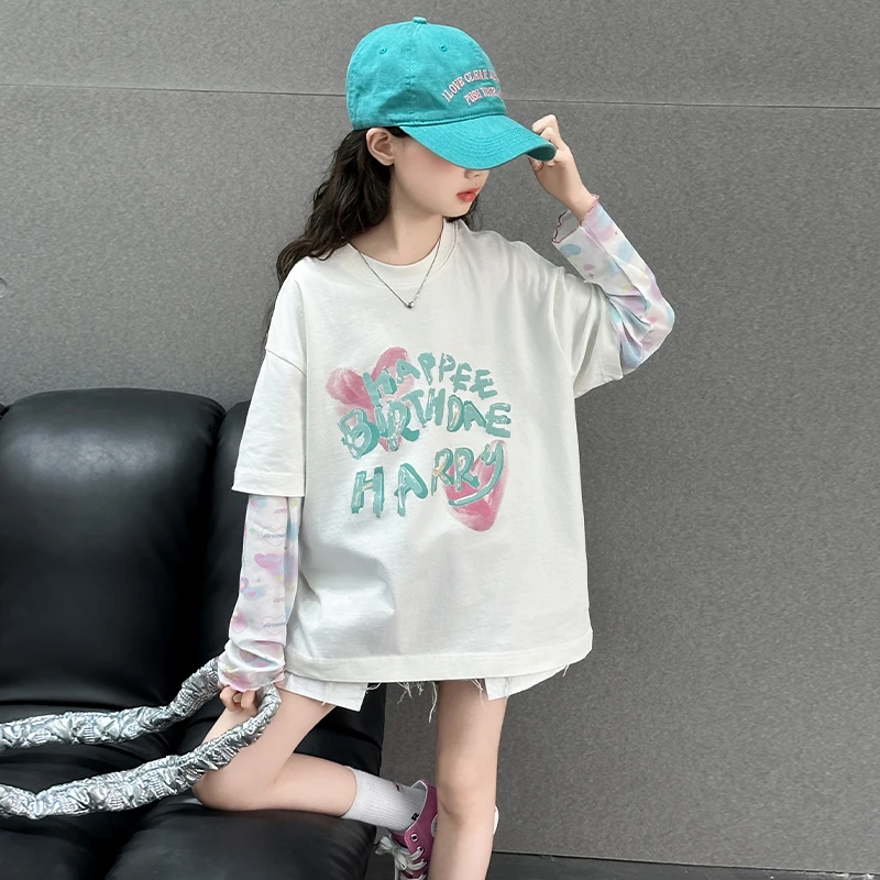 女童防晒袖T恤2025新款夏季儿童洋气假两件上衣中大童打底衫韩版