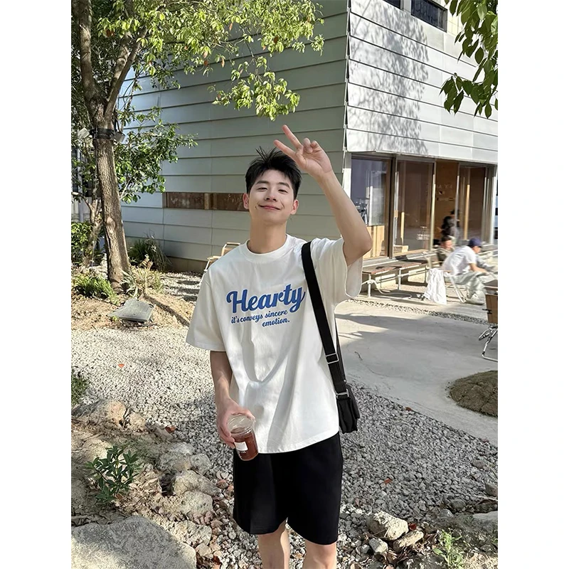 T恤休闲半袖圆领宽松ins撞色青年短袖上衣印花25夏季日常学生男士