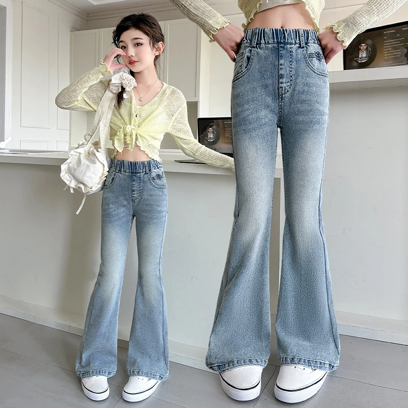 女童喇叭裤春秋弹力微喇修身牛仔裤春款小学生女大童春装儿童裤子