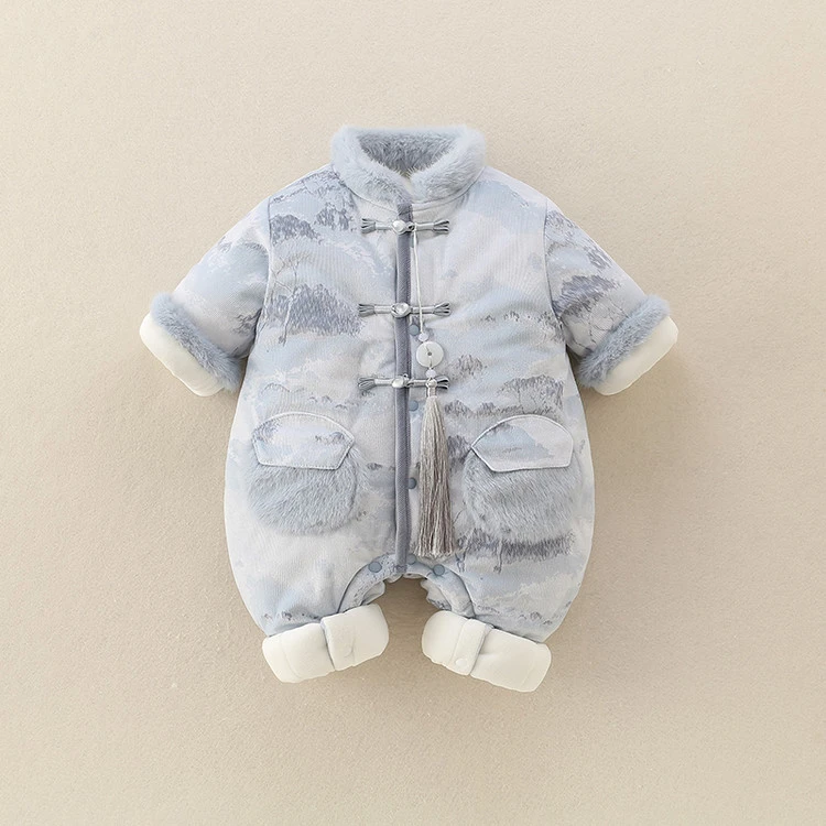 2025新款冬季宝宝连体衣保暖加厚男女童新年唐装外出服