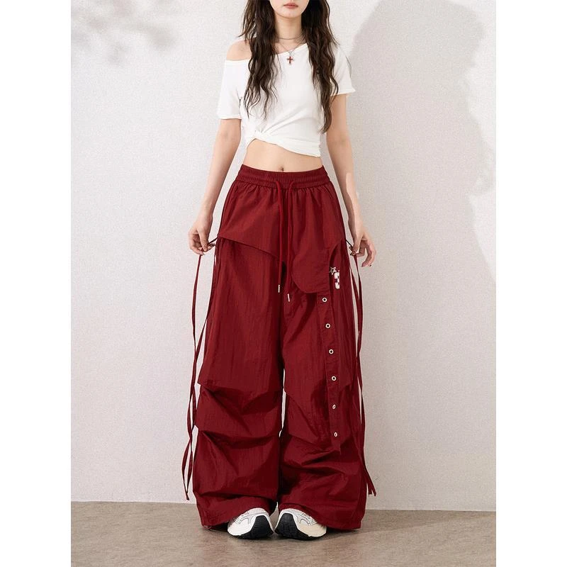 酒红色速干阔腿休闲2025宽松显瘦薄裤子跳舞高级抽绳工装休闲裤